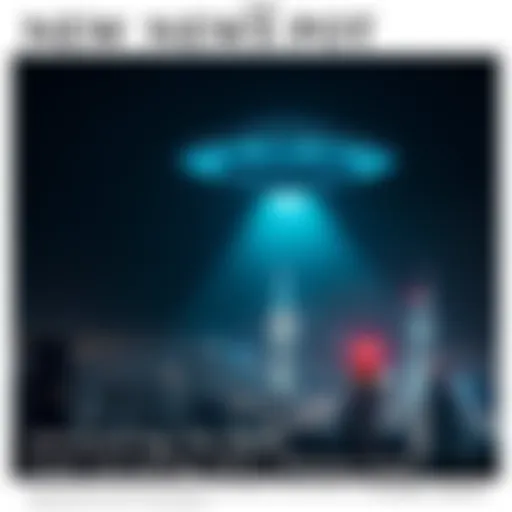 A striking photo of a bright UFO hovering over a city skyline at night, illuminating the surroundings with a mysterious glow.