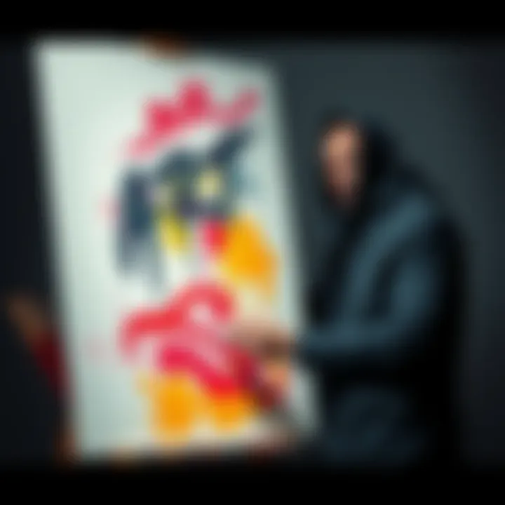An artist sketching on a canvas, blending colors to tell a personal narrative through visuals