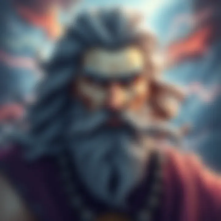 Drawing of Lord Zeus An artistic portrayal of Lord Zeus with a strong and wise expression, surrounded by symbols of power like lightning bolts and clouds.