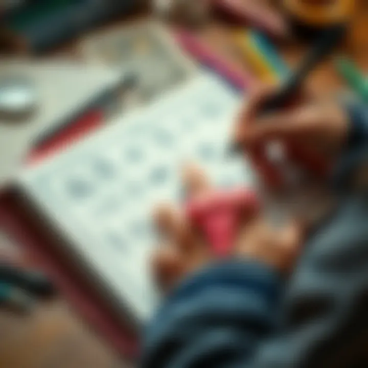 A person sketches rune symbols in a personal grimoire with colorful pens