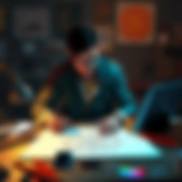 A person sitting at a desk attempting to draw a sigil for Bune, surrounded by pencils and digital devices.