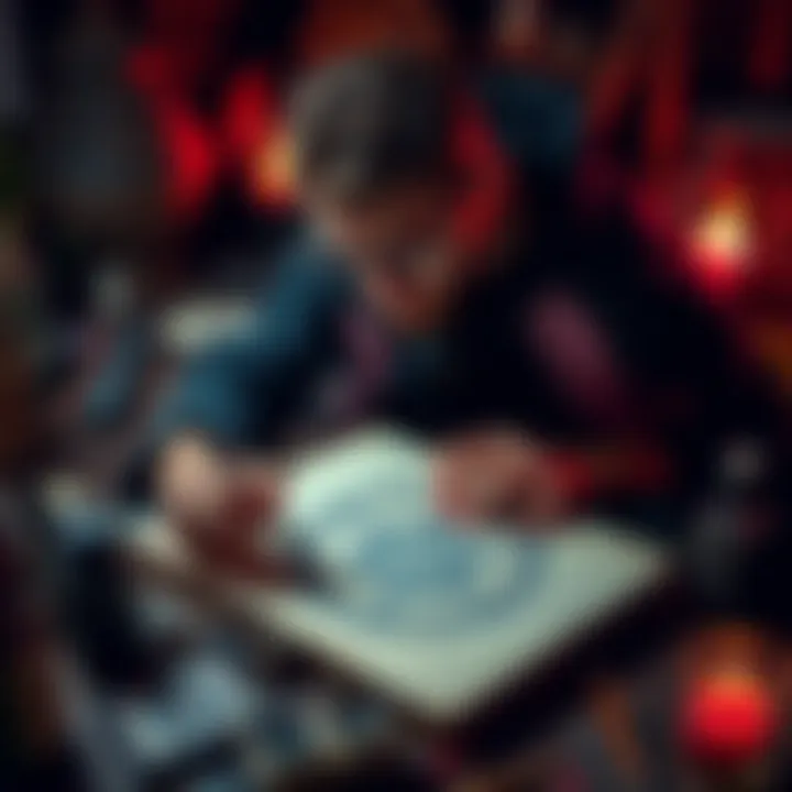 A person sketches a unique sigil on paper, surrounded by art supplies and focused expressions