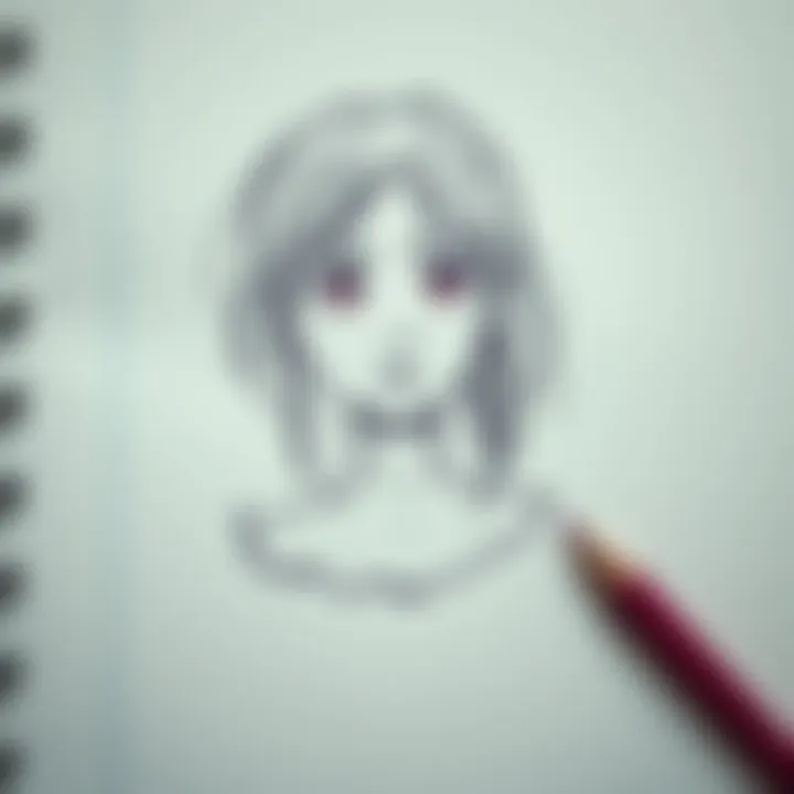 A doodle of a girl with a blank expression, staring intensely, sketched on a notebook page