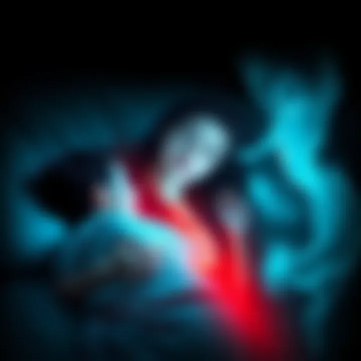 Two versions of a person dreaming A person lies asleep with two ghostly versions of themselves and their mother appearing in a dream-like scenario.