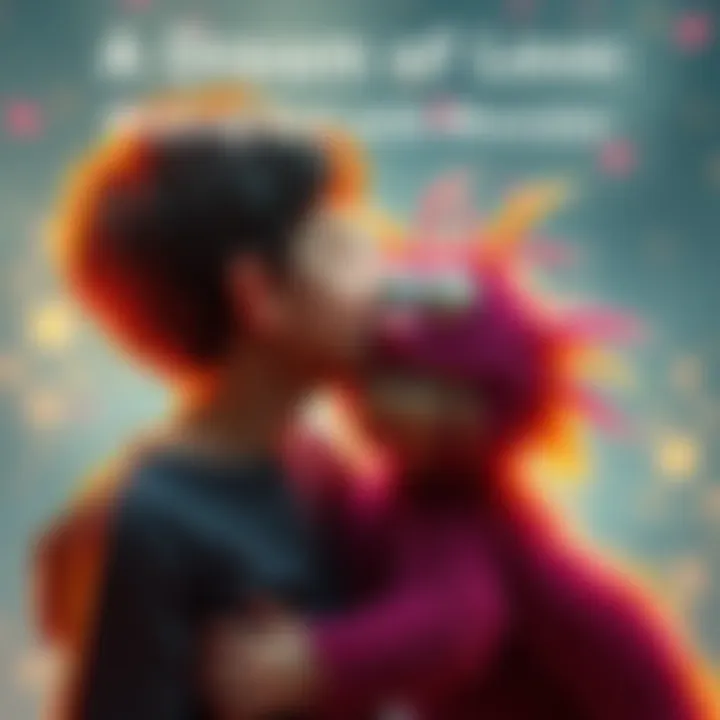 A person in a dreamlike scene, sharing a kiss with a friendly, colorful monster with big eyes and fur