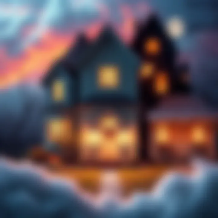 A collage showing a childhood home, a candy land with colorful sweets, and a spooky haunted house.