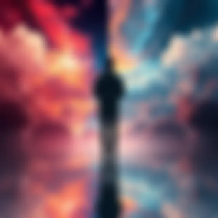 A person standing between a vibrant dreamscape and a calm waking environment, symbolizing the connection between dreams and reality.