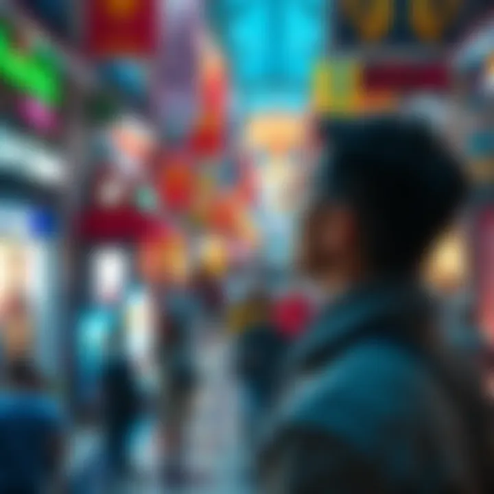 A person realizing they are dreaming in a vibrant mall setting with colorful shops and lively crowds.