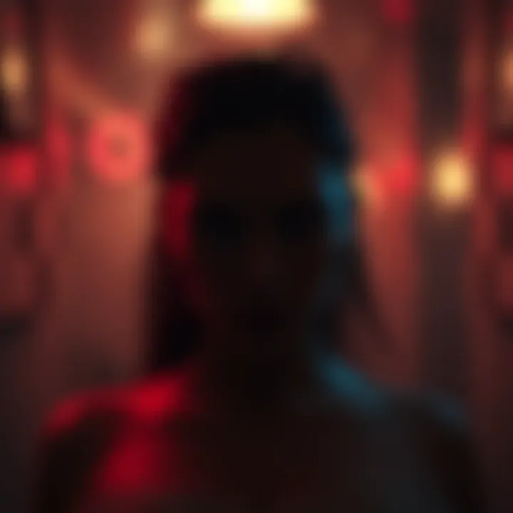 A person dreaming of a brothel scene with a blurred figure resembling a character from a sci-fi theme and an intense expression, surrounded by dim lighting and suggestive imagery.