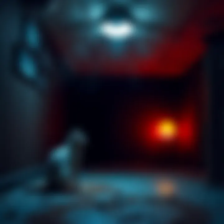 A dream scene showing a cat next to a strange object called glorp in a dark room resembling an abandoned game setting.