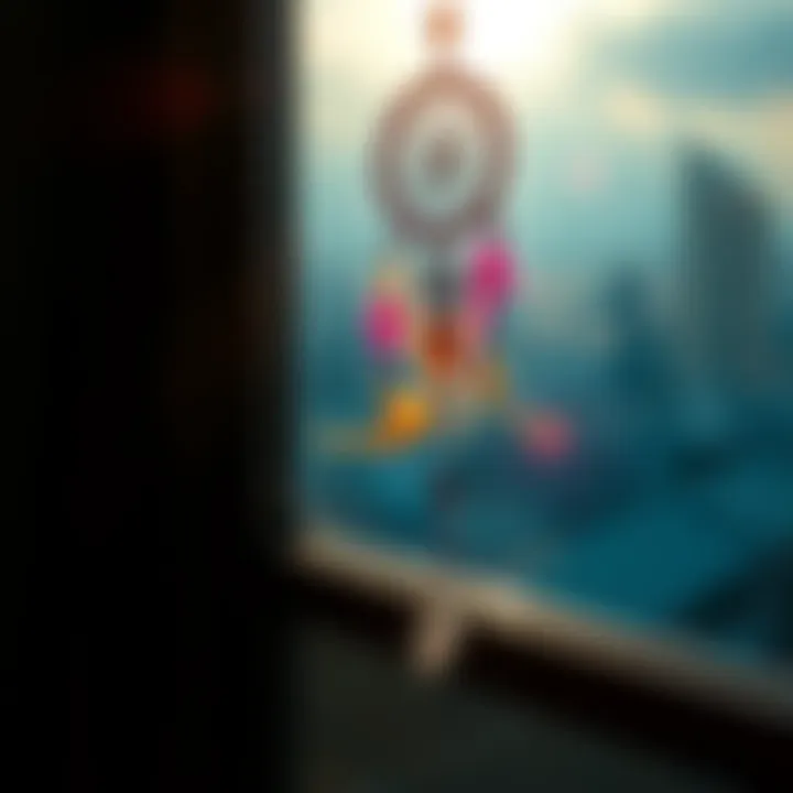 A colorful dream catcher with feathers hanging near a window, sunlight shining through, symbolizing dreams and positivity