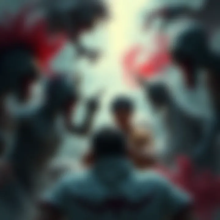 A person in a dream scene confronted by surreal dream characters reacting unexpectedly to the realization of dreaming.