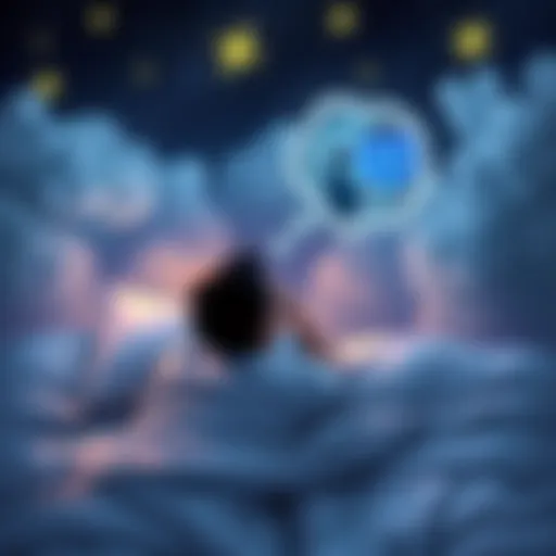 A person lying in bed with a thought bubble showing a dream of another person receiving a message, surrounded by stars and clouds.
