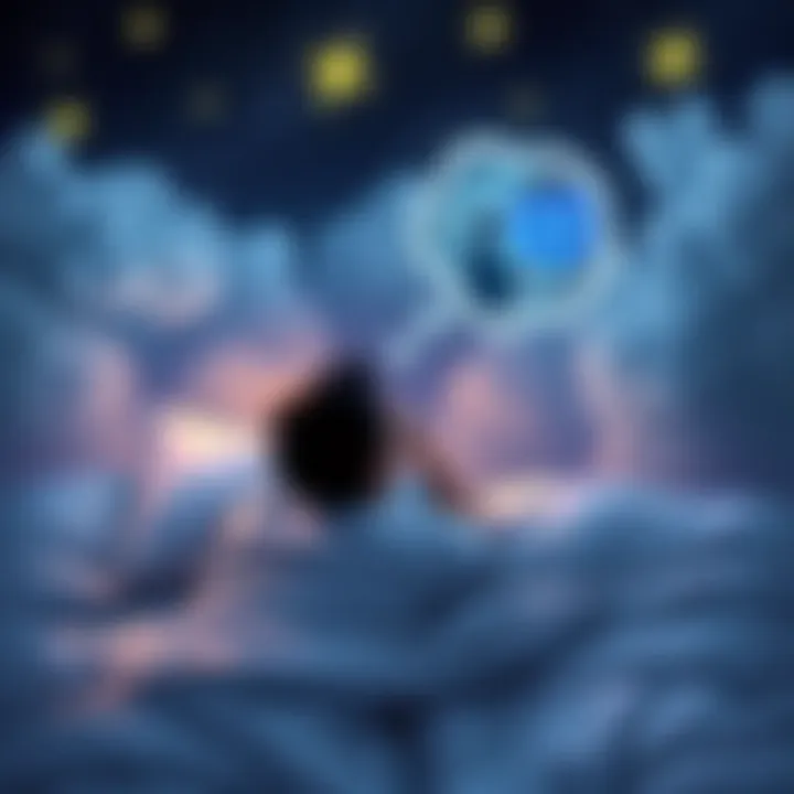 Dream Communication A person lying in bed with a thought bubble showing a dream of another person receiving a message, surrounded by stars and clouds.
