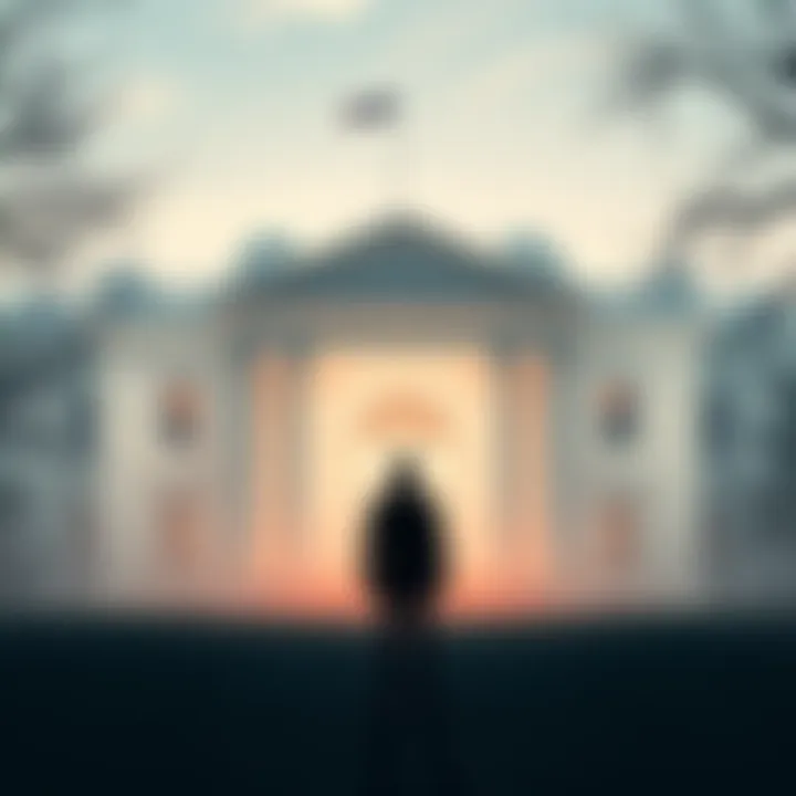 A figure stands facing a stark white house, symbolizing a confrontation with fears and emotions.