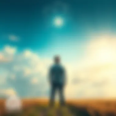 A person stands in a dreamlike field, looking up at a bright sky, symbolizing a connection with a loved one who has passed away.