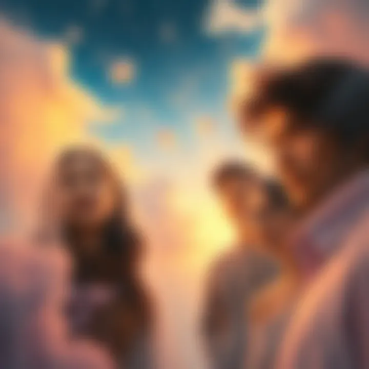 A group of familiar faces appears in a dreamlike environment, evoking a sense of connection and nostalgia.