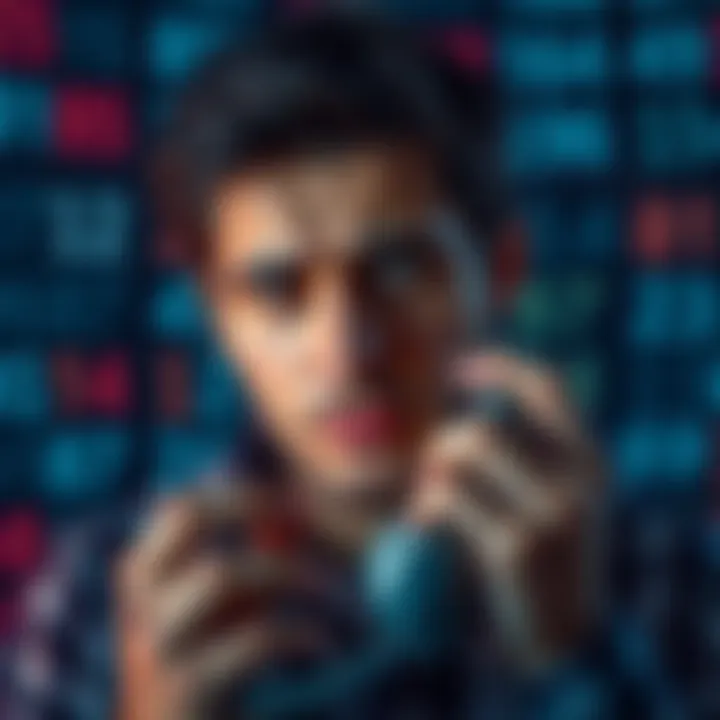 Person Dreaming of Dialing a Phone A person looks confused while trying to dial a phone number in their dream, surrounded by blurry numbers in the background.