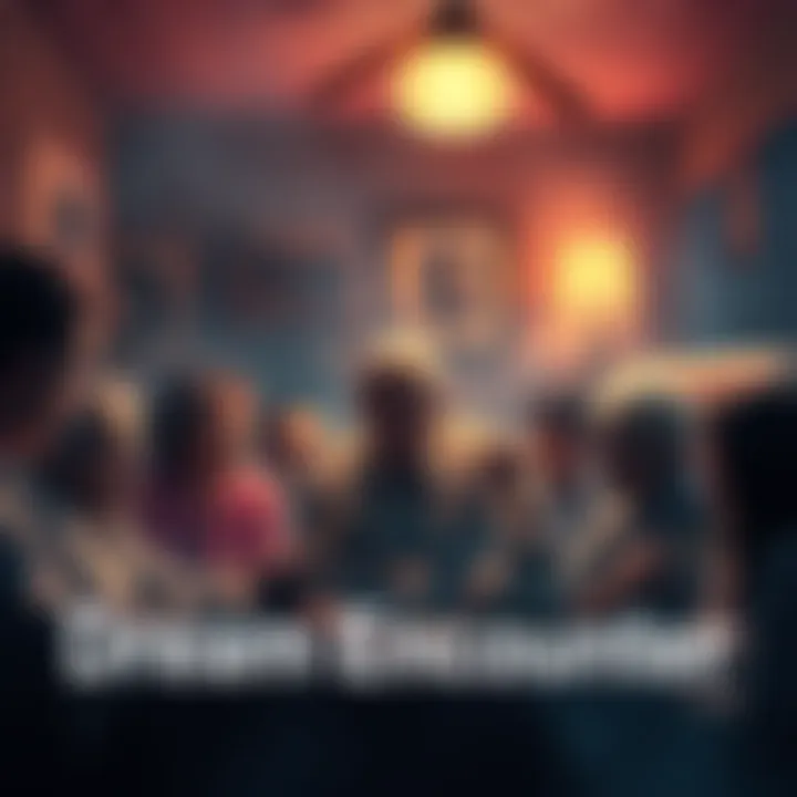 Dream Encounter A person in a dream setting surrounded by familiar and unknown faces at a grandmother's house, with one figure taking a gold bar, questioning reality.