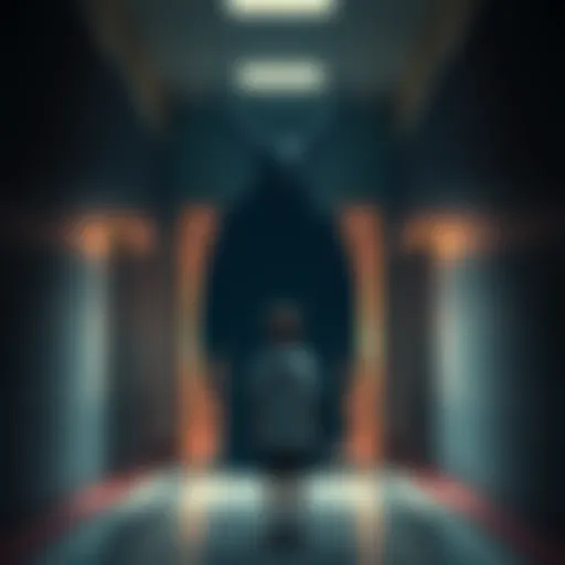 A dreamer stands in a school hallway, facing a large shadowy figure resembling the demon Andras, surrounded by a dark, surreal atmosphere.