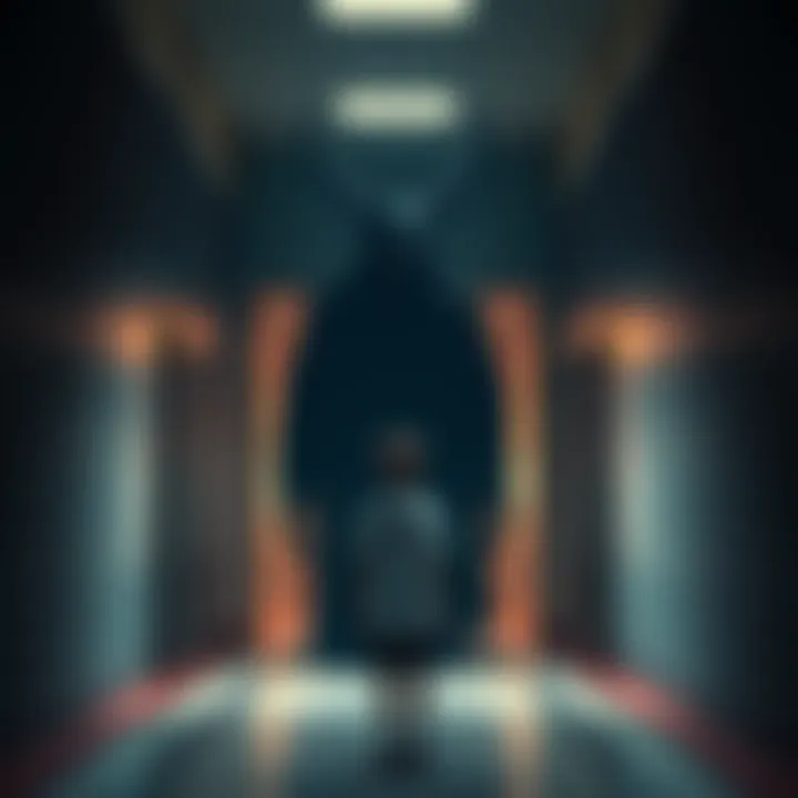 A dreamer stands in a school hallway, facing a large shadowy figure resembling the demon Andras, surrounded by a dark, surreal atmosphere.