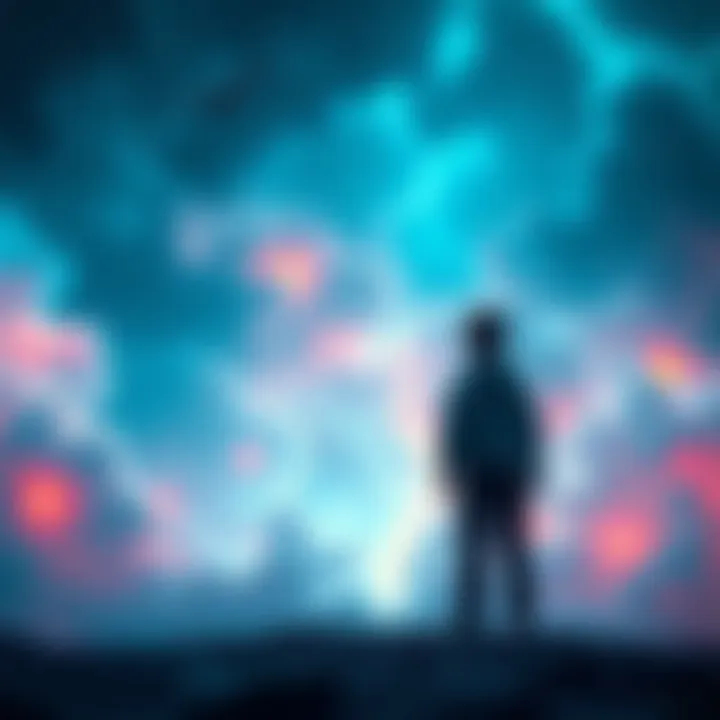 A person standing in a dream-like setting, facing a mysterious boy named Will who appears to be revealing secrets. The scene is surreal, with soft colors and a whimsical atmosphere.