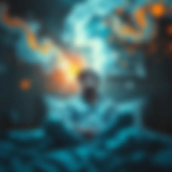 A person sitting on a bed with a confused expression, surrounded by abstract representations of their thoughts and emotions, depicting a blend of light and dark elements.
