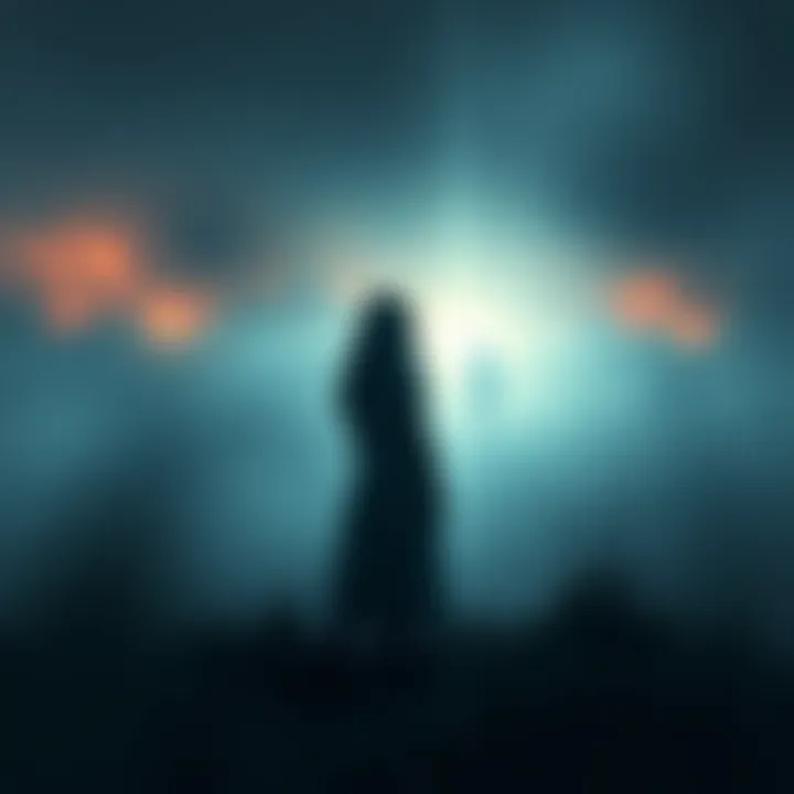 A dreamer stands in a misty landscape, looking at a faceless girl who appears distant and ethereal, conveying feelings of sadness and longing.