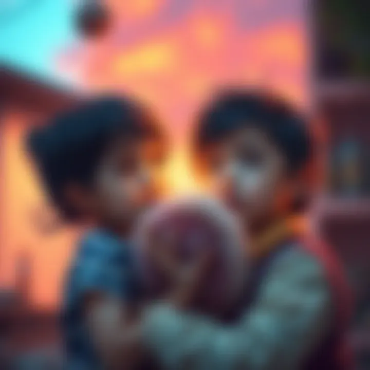 A person experiencing a vivid dream of two young children, a girl and a boy, representing future kids, with a warm and colorful background