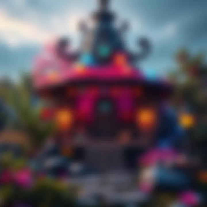 A serene, colorful shrine made with unique materials surrounded by nature, reflecting creativity and inspiration from dreams.