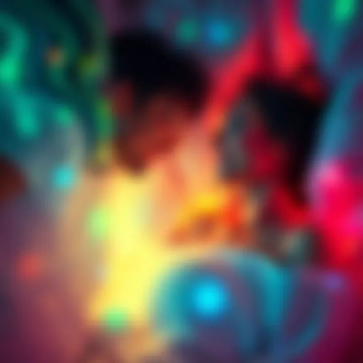 A person sees a female version of themselves in a dream, both looking at each other with curiosity and warmth.