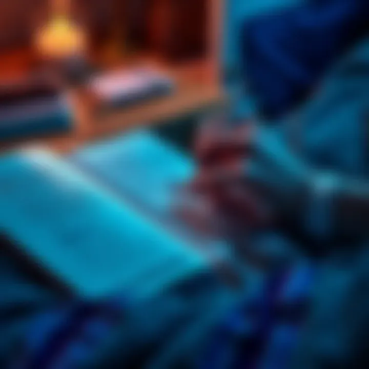 A person writing in a dream journal with a pen beside a nightstand.