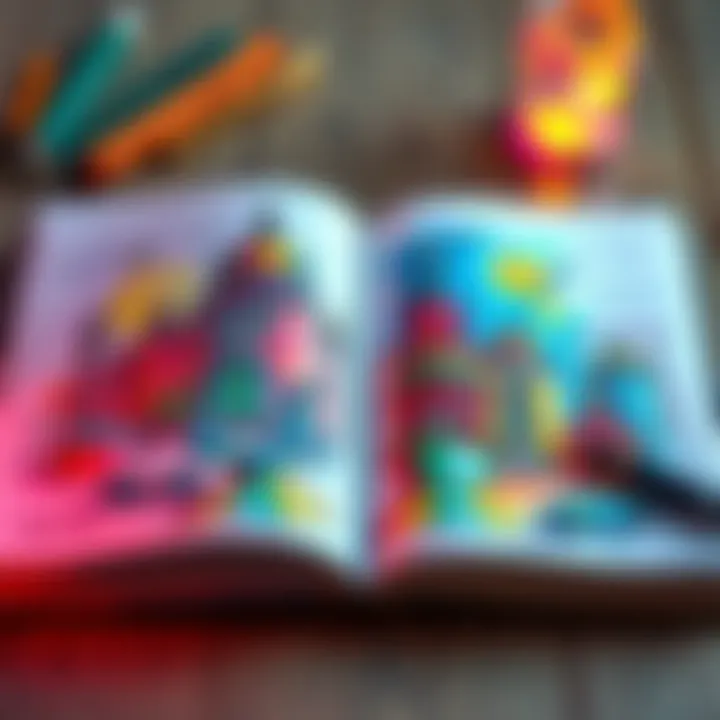 An open dream journal filled with vibrant sketches of unique architecture and colorful scenes, suggesting creativity and imagination.