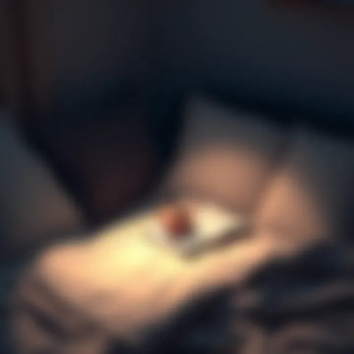 A person sits on a bed, writing in a dream journal with a notebook and pen, surrounded by soft pillows and dim lighting.