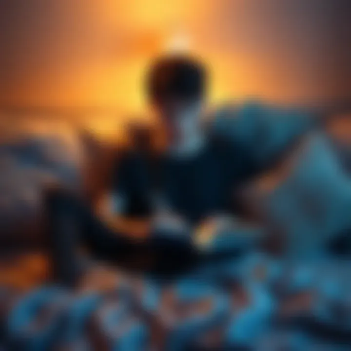 A young person sits on a bed, writing in a dream journal with a thoughtful expression, surrounded by soft pillows and dim light