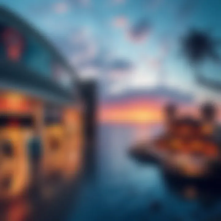 A collage showing Mall World with shops, a hotel near the ocean, and a serene island with a monk's house.