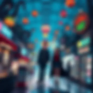 A night scene in a bustling mall filled with unusual shops and quirky characters, featuring two figures, Clark and a mysterious woman, exploring together.