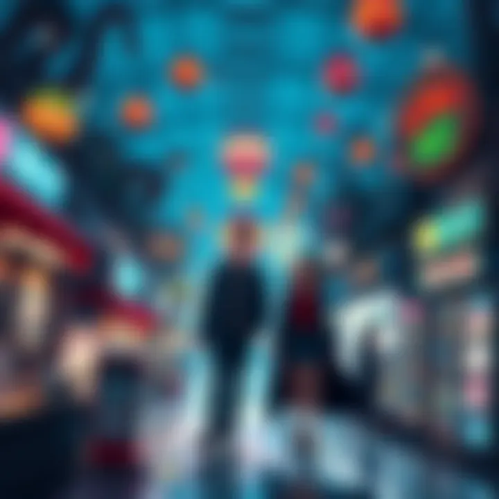 Dream Mall Adventure A night scene in a bustling mall filled with unusual shops and quirky characters, featuring two figures, Clark and a mysterious woman, exploring together.