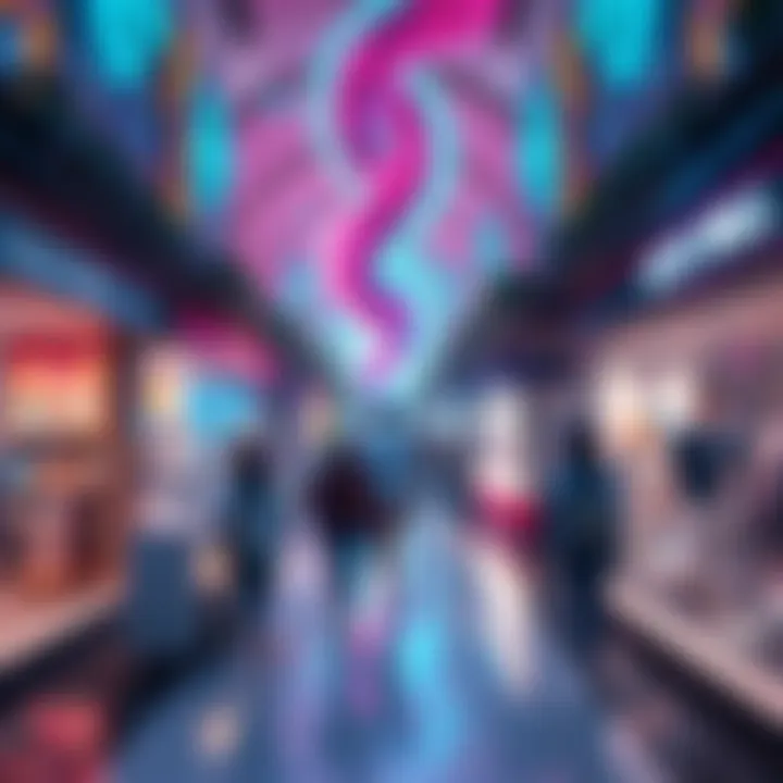 People walking through a vibrant mall filled with shops and colorful displays in a lucid dream setting