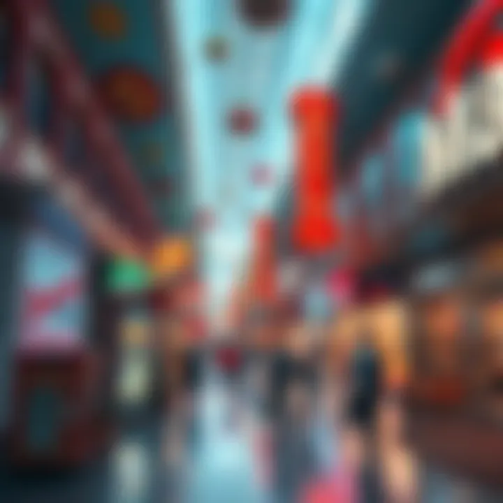 A vibrant dream mall filled with unique shops, people exploring, and nostalgic elements like old signs and familiar places.