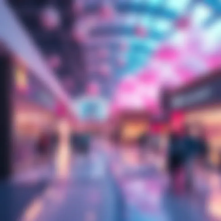 Dream Mall Scenery A surreal view of a vibrant mall filled with various shops and dreamlike elements, showcasing people exploring familiar settings in a lucid dream state.