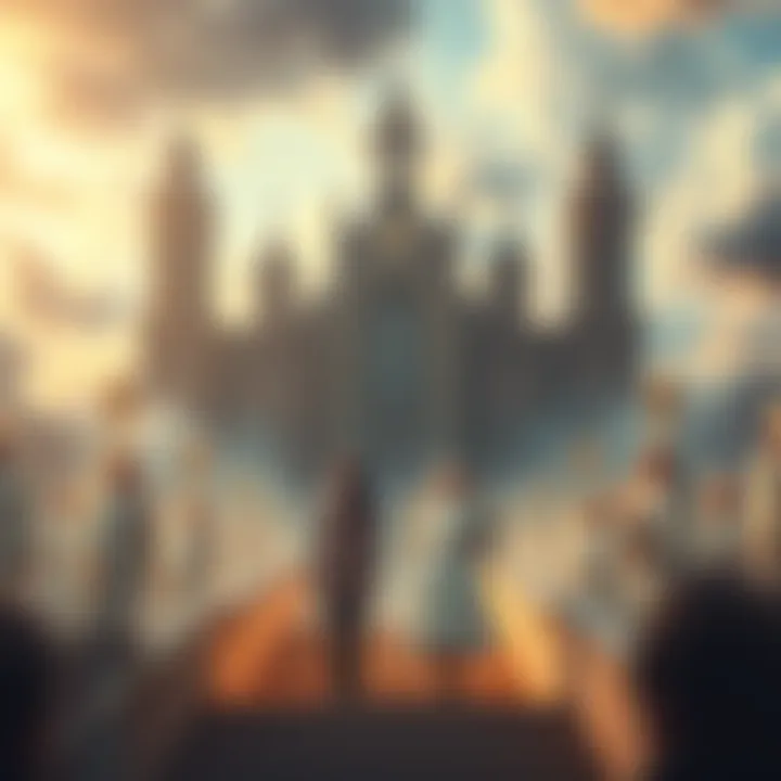 A dream scene depicting a church blending elements from various religions, with stairs leading to angels and a figure with her grandmother looking on.