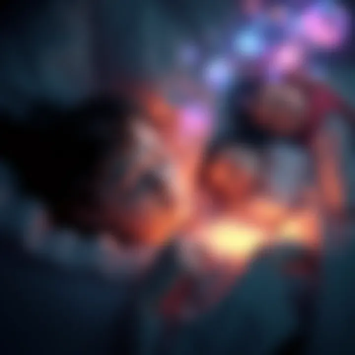 A young adult sleeping peacefully while dreaming of children who appear to be deceased, surrounded by a soft glow and abstract shapes that represent dreams.