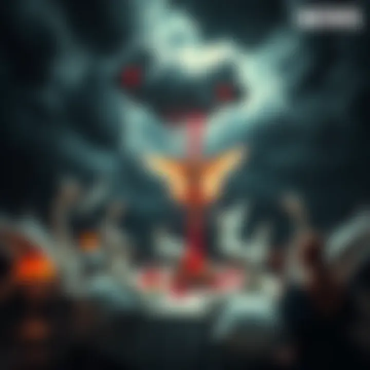 A surreal scene showing a party with swans and a fairy, under dark clouds with blood rain falling, symbolizing chaos and foreboding.