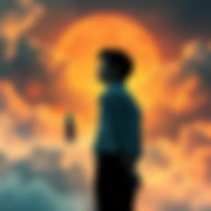 A person standing thoughtfully in a dreamlike landscape with an older woman in the background, symbolizing a message about forgiveness and unresolved issues.