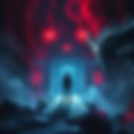 A person stands before symbolic doors in a dream, with a dark, mystical atmosphere and a figure resembling Lucifer nearby.