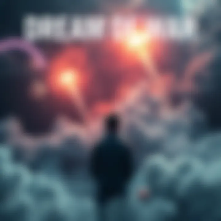 A dramatic scene depicting a dreamer experiencing a vision of bombs falling, surrounded by dark skies and ominous clouds, suggesting impending conflict.