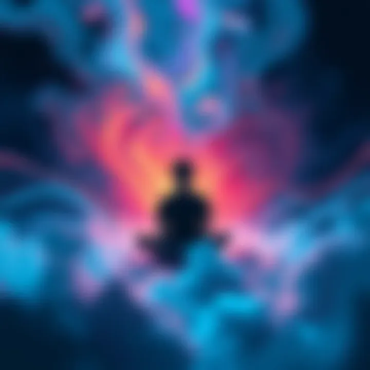 A person sits cross-legged with their eyes closed, surrounded by swirling colors and abstract shapes, representing dreams and perception.