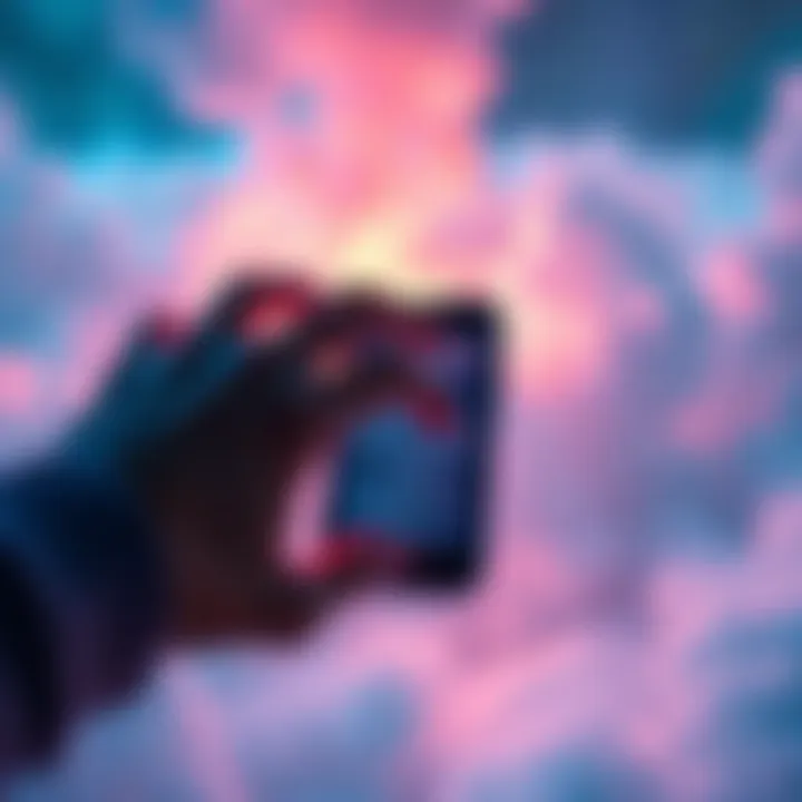 Dream Phone Malfunction A person reaching for a smartphone that has a glitchy screen in a dream setting with soft colors and abstract shapes surrounding them.