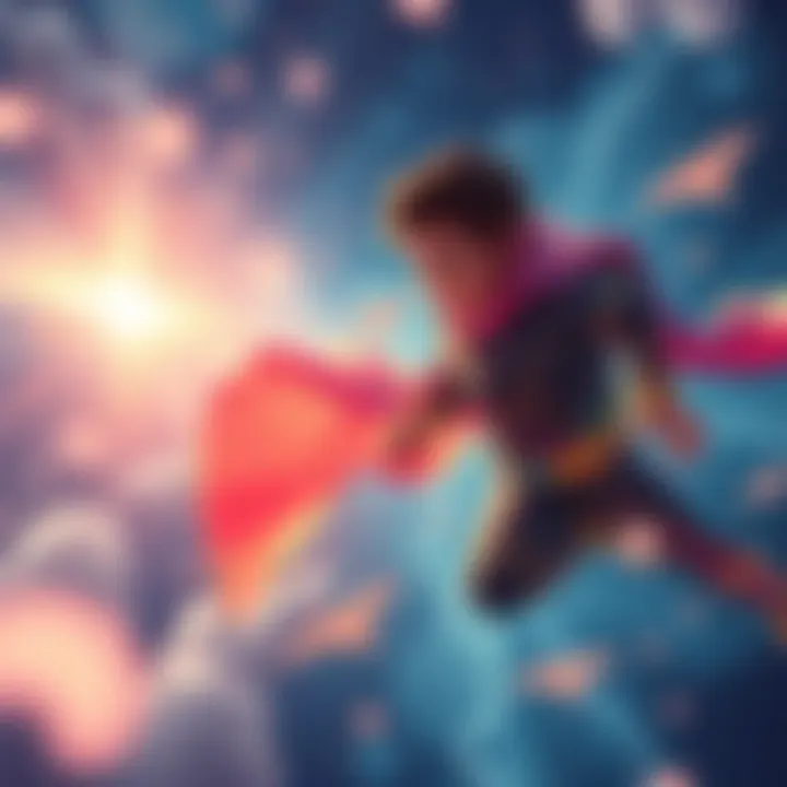 A vibrant dream world filled with various powers like flying, invisibility, and super strength, showcasing people's imagination and creativity